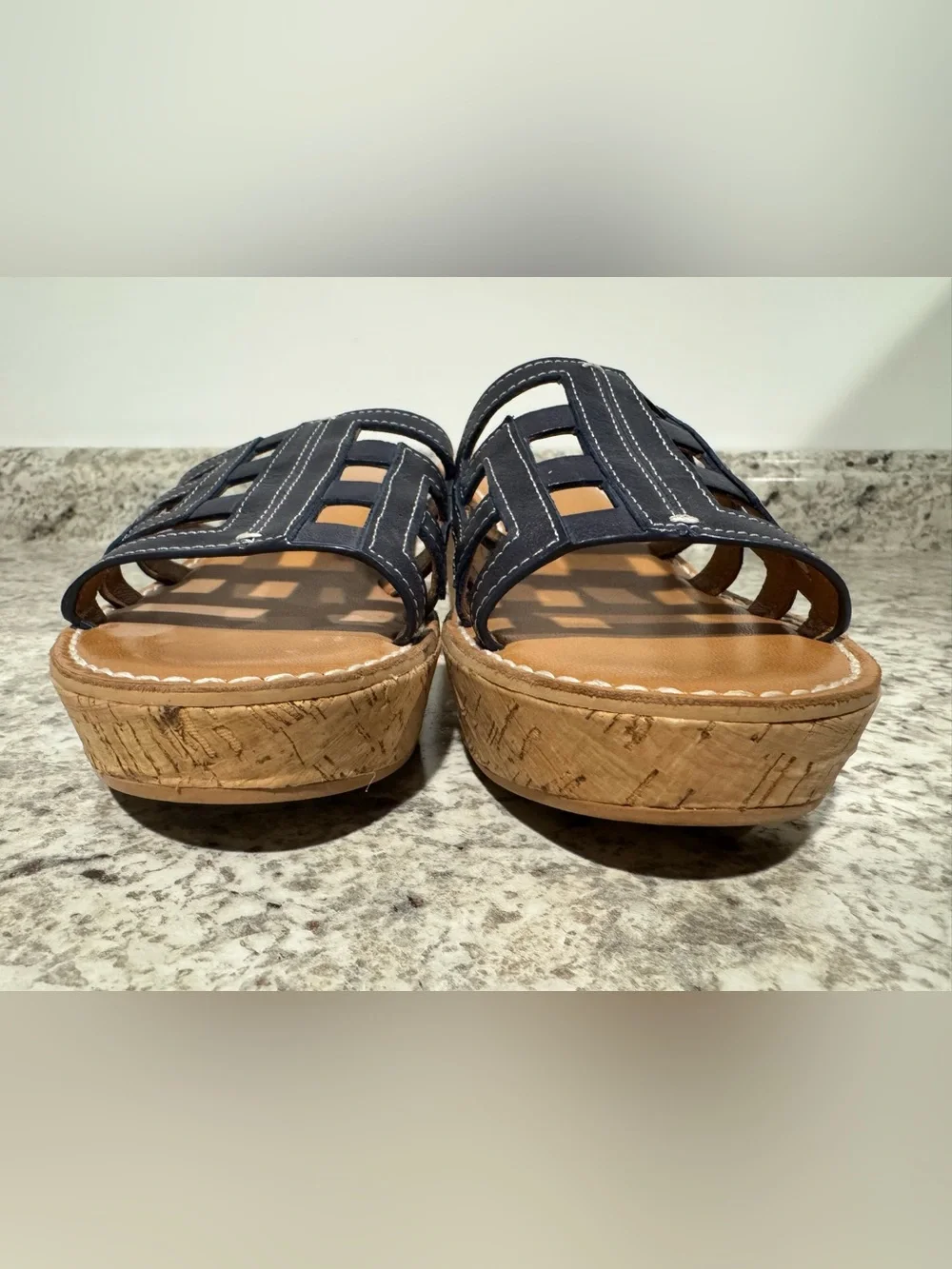 J. McLaughlin Piper wedge platform slide cork bottom sandals Navy Brown Size 9